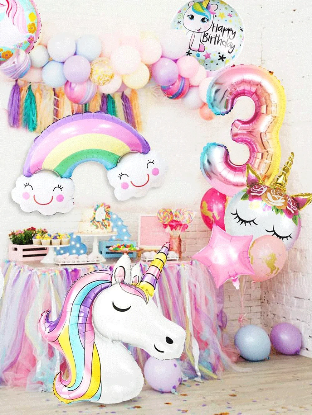 Ensemble de décorations sur le thème de la licorne, chiffres 0-9, ballons nuage arc-en-ciel, assiettes, serviettes, tasses, fournitures de fête d'anniversaire pour filles