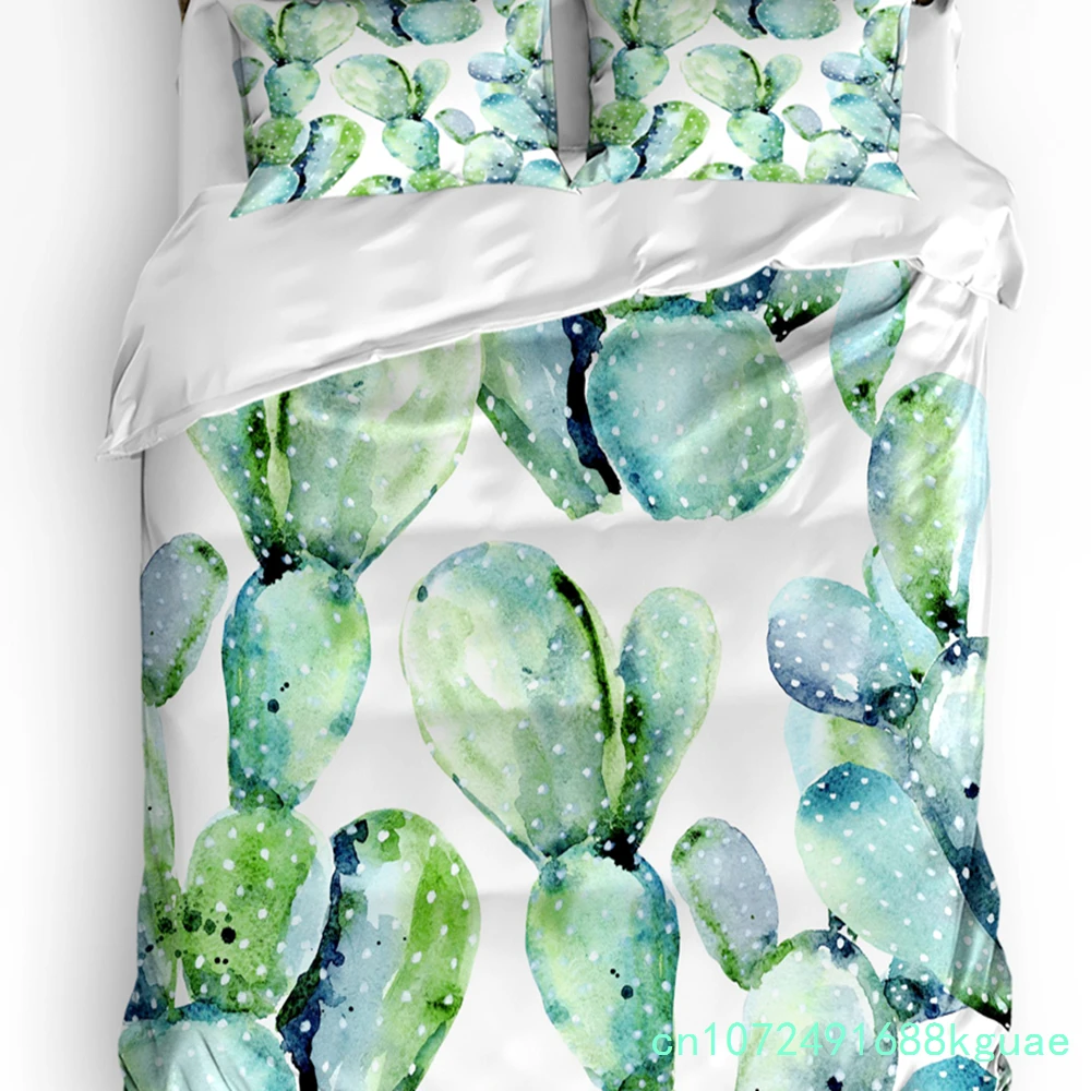 Green Plant Cactus Watercolor Style 3pcs Bedding Set For Bedroom Double Bed Home Textile Duvet Cover Quilt Cover Pillowcase