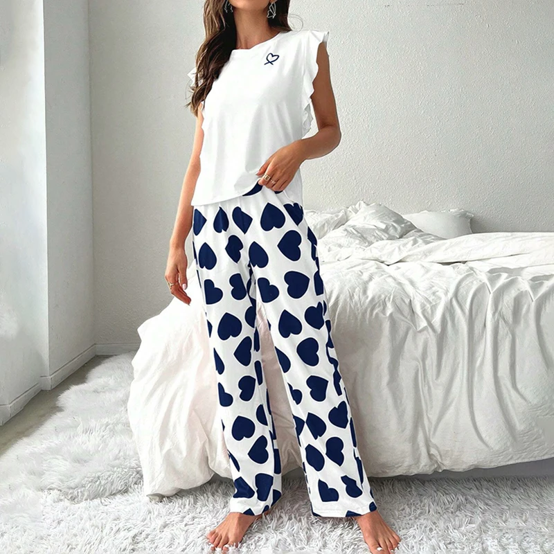 Womens Heart Print Pajama Set Autumn Short Sleeve Top & Pants Sleepwear 2 Piece Soft Comfortable Home Clothes Pyjama Lounge Suit