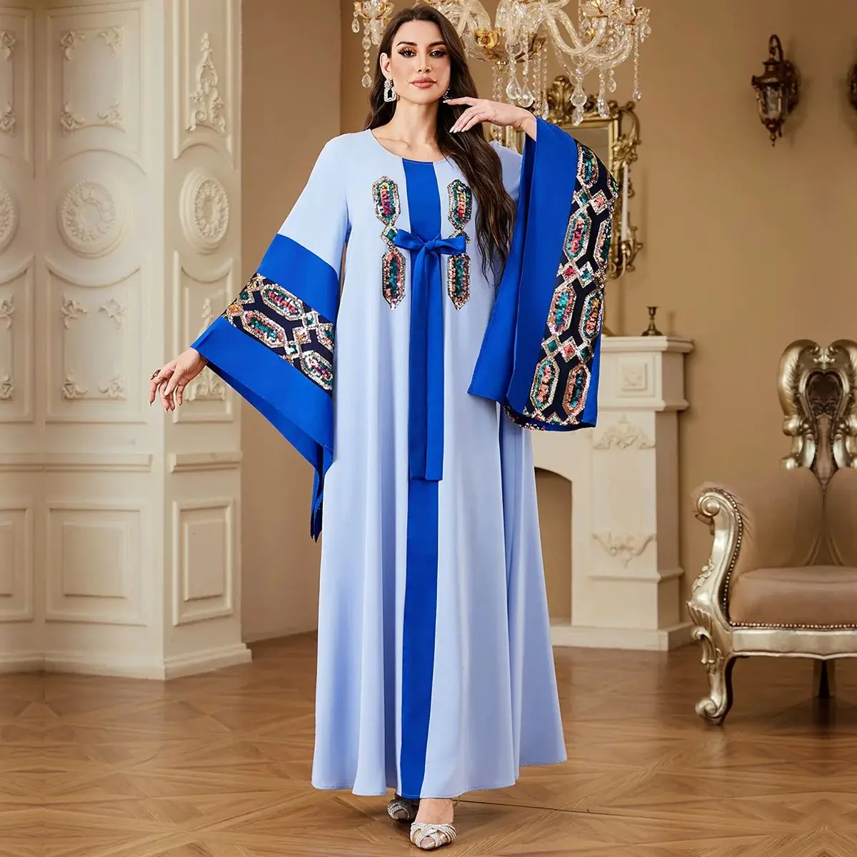 

Mubarak Women's Embroidered Sequin Bow Maxi Dr Dubai Sle Winter Long Sve A-Line Skirt Soft Fabric Mid-High Waist