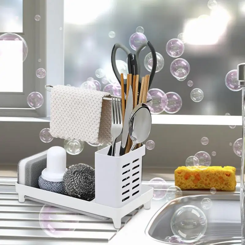 Sink Storage Rack 2-in-1 Multifunction Sponge Towel Drain Holder Rack Kitchen Sink Countertop Storage Holder Kitchen Organizer