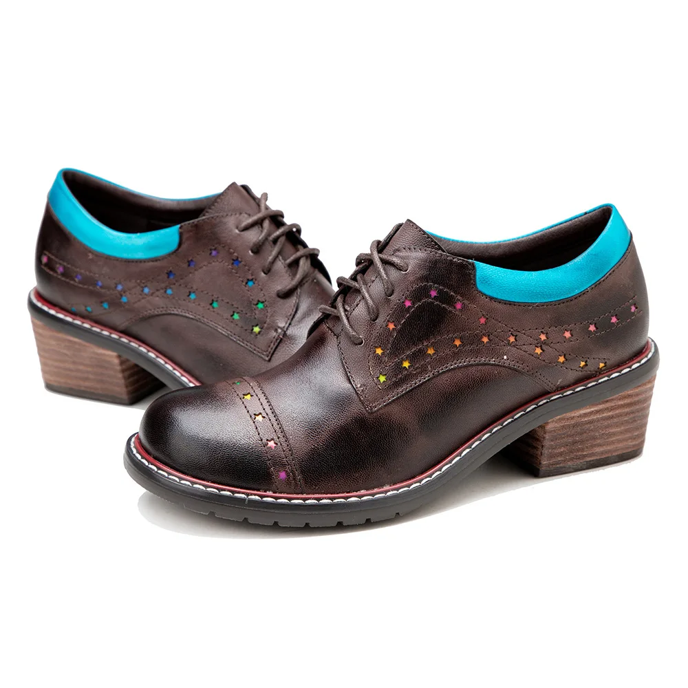Retro Women Shoes 2024 Autumn New Med Heels Solid Color Pumps Genuine Leather Round Toe Handmade Lace-up Shoes