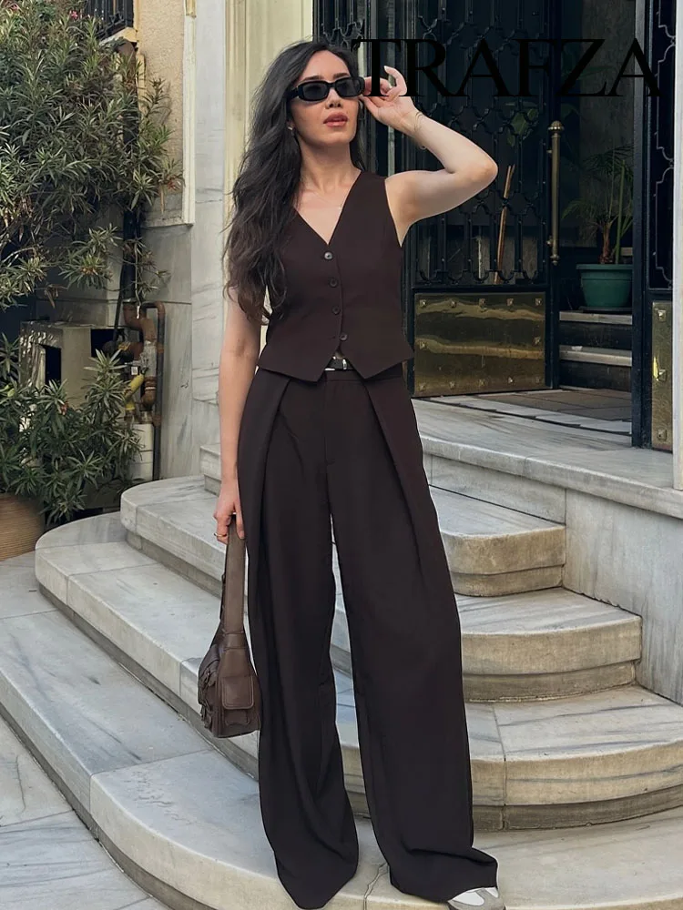 TRAFZA Summer Fashion Women Suit Solid V-Neck Sleeveless Side Slit Single Breasted Vest+High Waist Pockets Sashes Wide Leg Pants