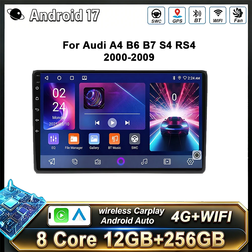 Android 17 para Audi A4 B6 B7 2000-2009 Seat Exeo, CarPlay Inalámbrico para Android Auto, Radio para Auto, GPS, Qualcomm Multimedia Stereo