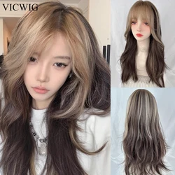 VICWIG Long Wavy Synthetic Brown Mix Layered Wig with Bangs Women Lolita Cosplay Fluffy Hair Wig for Daily Party