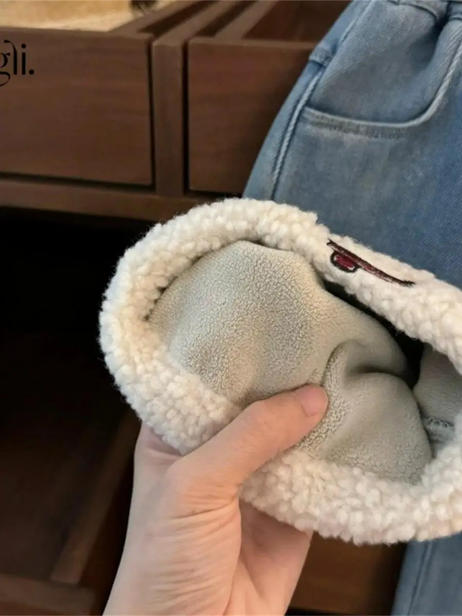 Thiened Fce Winter Straight Leg Jeans for Girls Warm Sli Korean Sle KT Fringed Fur Thiened Faionable Denim Pants