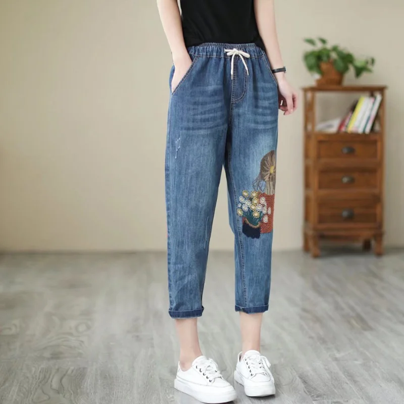 Jeans largos de cintura alta para mulheres, calças de harém bordadas, capris jeans casual com renda, calça menina vintage, verão e outono, 2023