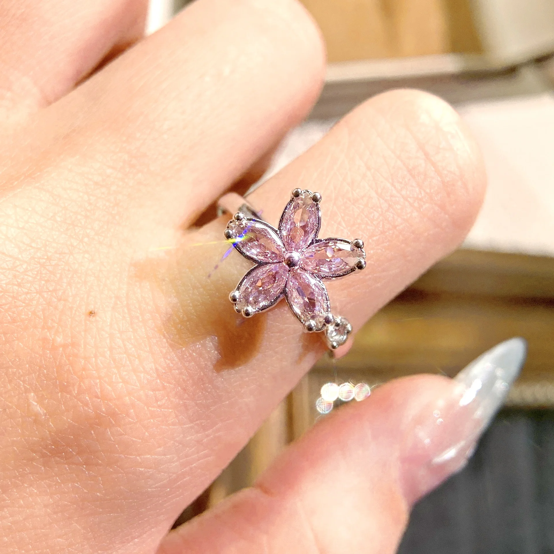 925 Sterling Silver Adjustable Ring with Pink Diamond Cherry Blossom Zircon, Unique Design Trendy Versatile Jewelry for Women