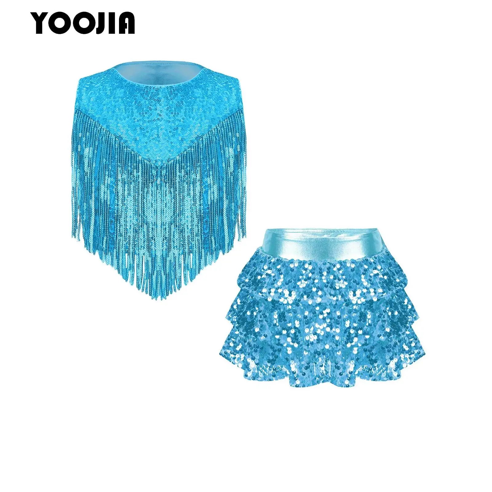 

Girls Sequin 70S Disco Dance Costume Shiny Metallic Tassels Crop Top +Tiered Skirted Shorts Culottes Jazz Cheerleading Clothes