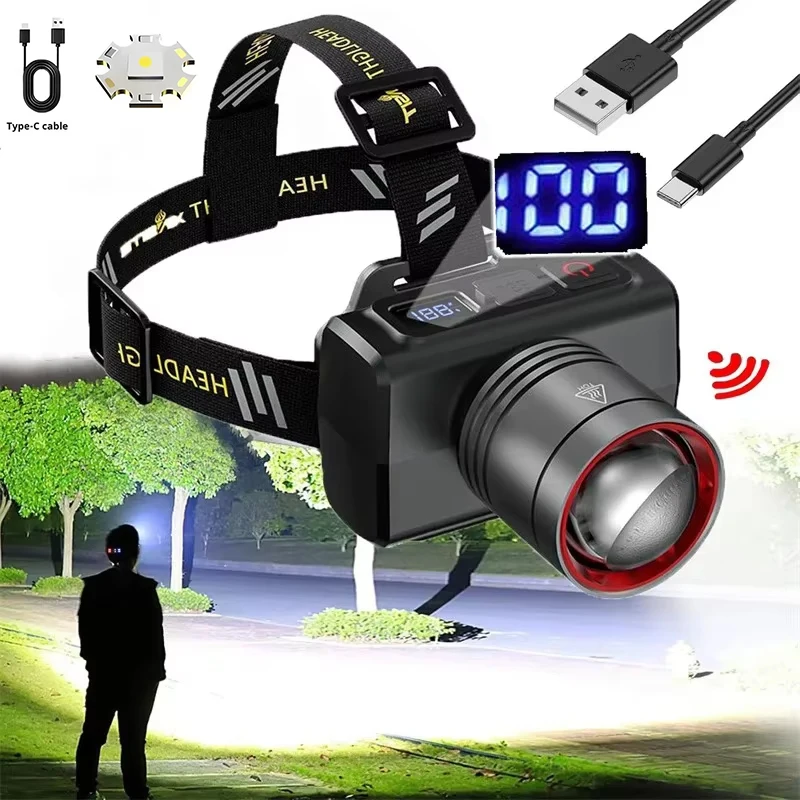 Ultra-bright LED Rechargeable Front Headlights Adjustable 90° Work Light Zoom Waterproof Head Torch for Outdoor Camping Fishing
