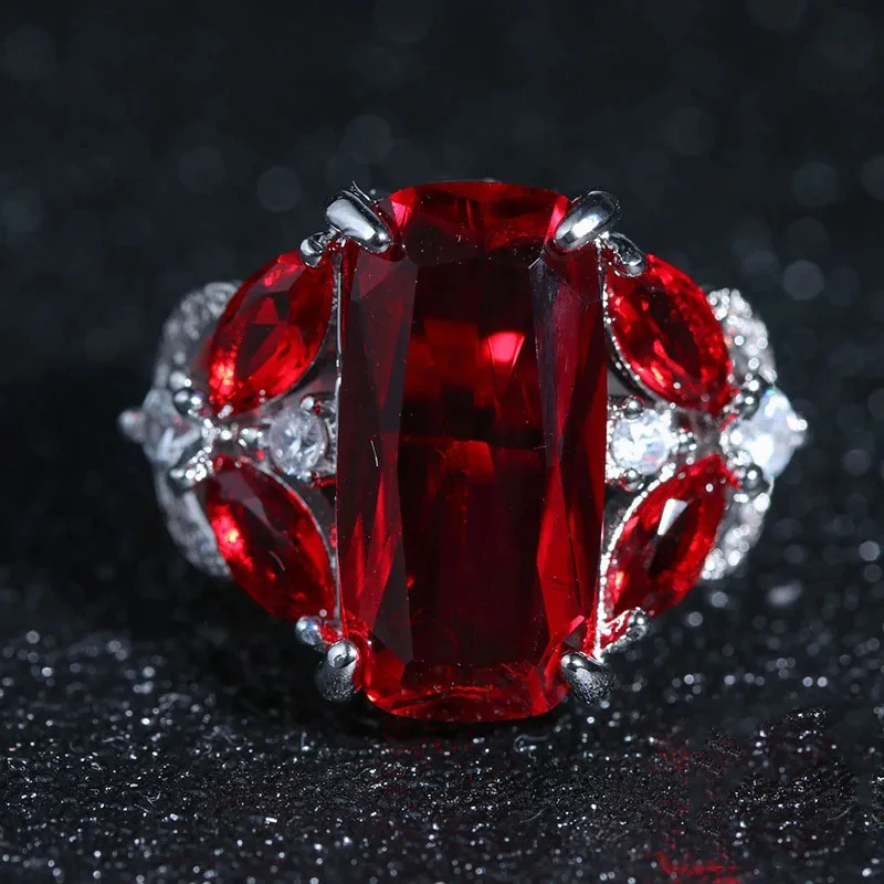 Anillo de Plata de Ley 925 auténtica para mujer, joyería con sello AAA, piedra roja grande de CZ, anillos de boda para fiesta