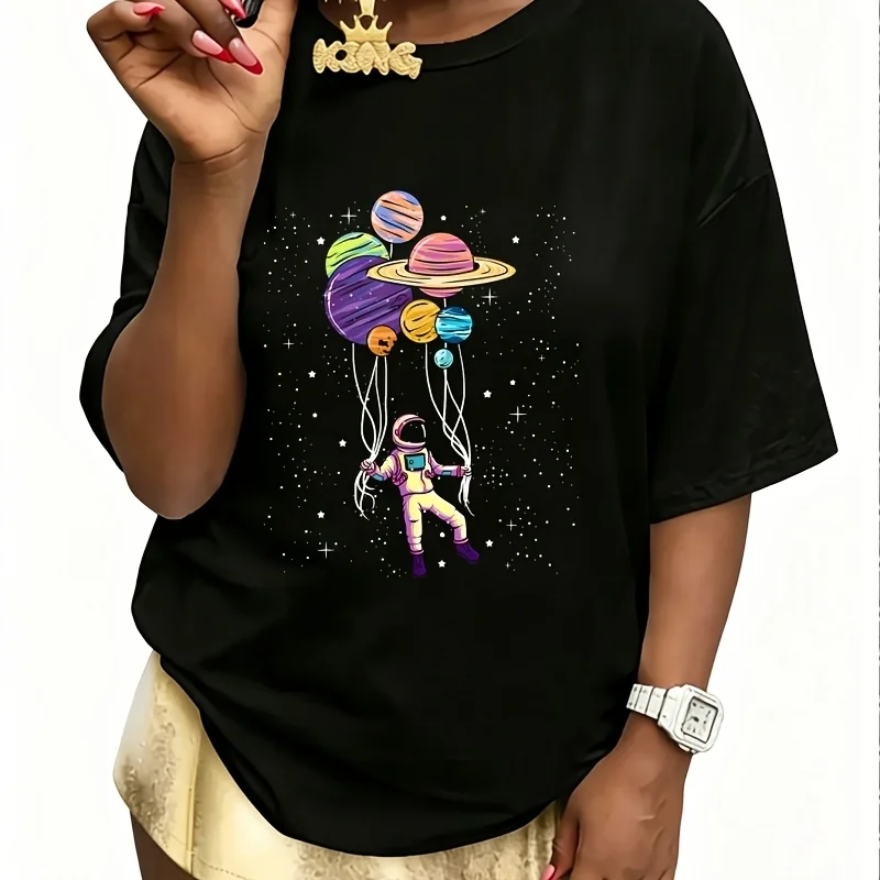 Astronaut Holding Planet Balloons Women's 100% Cotton T-Shirt Short Sleeve Top Casual Round Neck Fun Print Tee S-5Xl