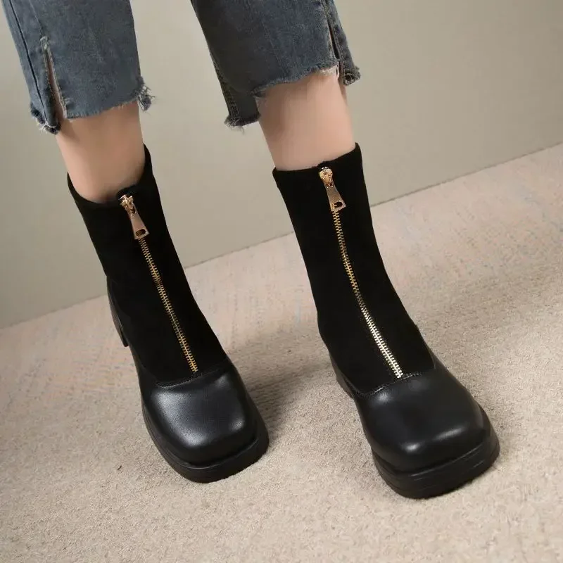 

Winter 2024 Women's Half High Boots Round Toe Ladies Mid Calf Shoes Autumn Spring New Gyaru On Offer Pu Sale Waterproof In Boot