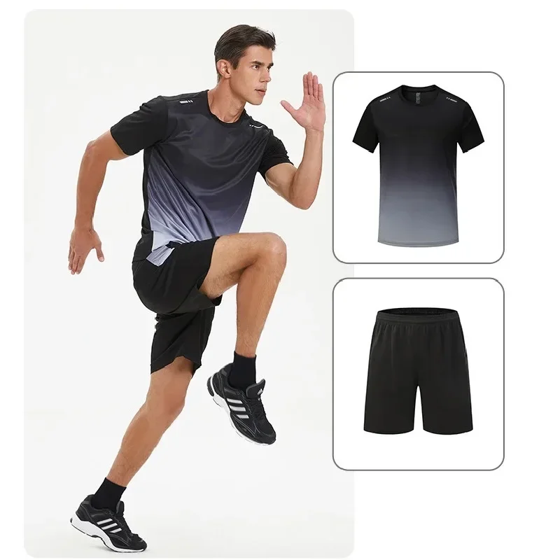 

2024 Summer New Fitness Clothing Ice Silk Speed Drying T-shirt Set Men's Short sleeved Running Sports Clothing Gym Training Set