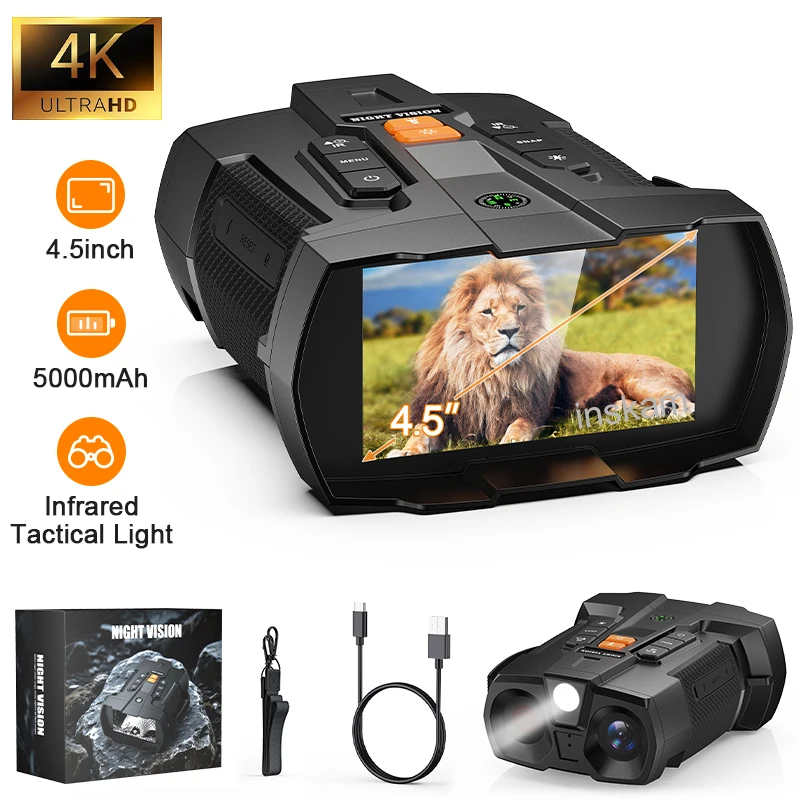 

Цифровой бинокль ночного видения 4K с 10-кратным зумом, 4,5-дюймовым экраном, инфракрасными очками, аккумулятором 5000 мАч, дальностью действия 800 м в полной темноте, для охоты и кемпинга