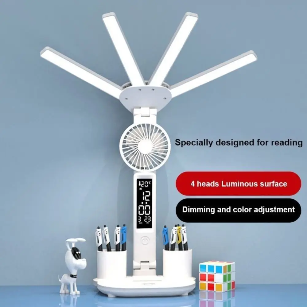 

4 Heads LED Table Lamp Touch Dimming Eye Protection Tabletop Reading Lamp Foldable with Fan&Time Date Penholder Desk Lamp
