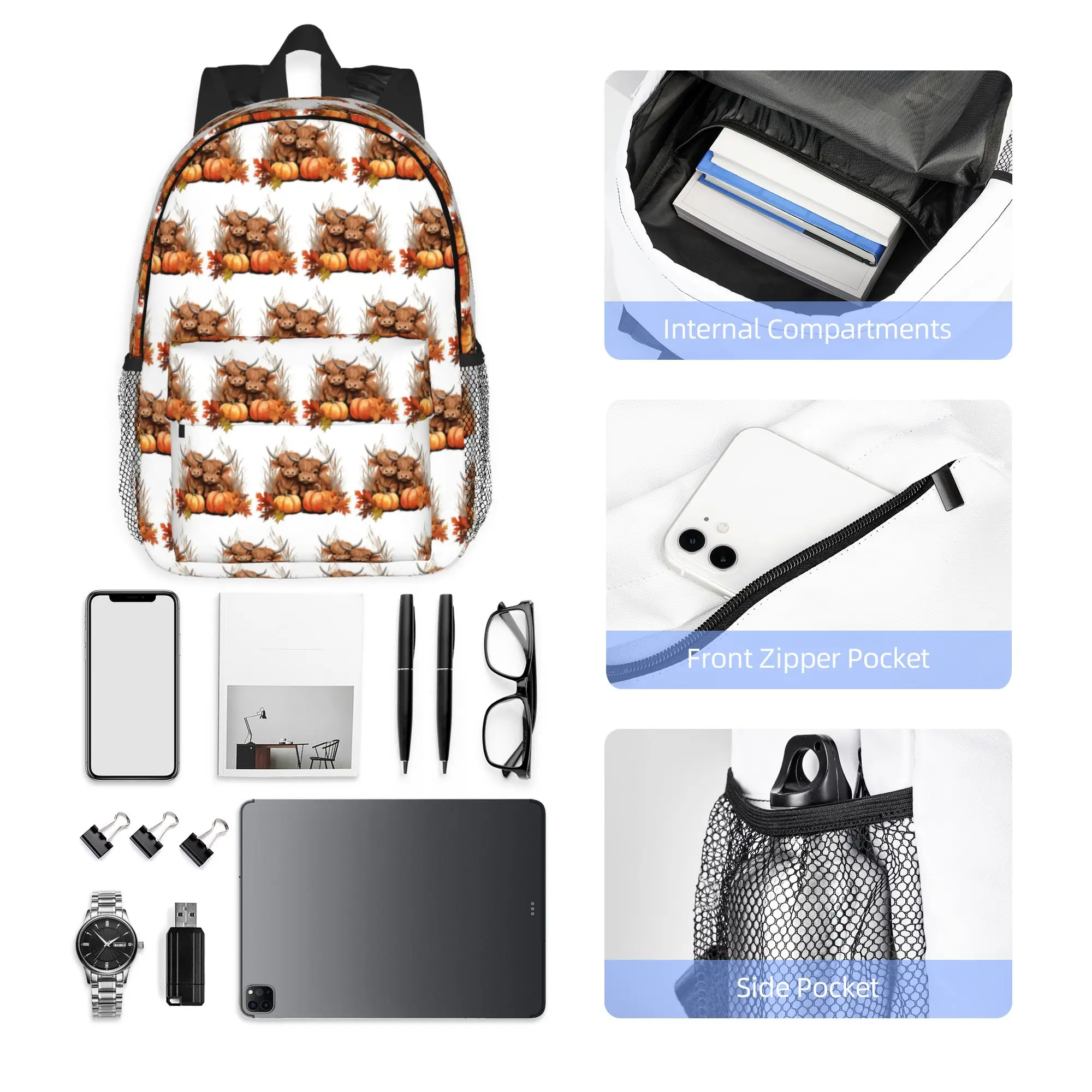 Highland Cow Calf Autumn Leaves Backpack Hot Sale Daypack Boys Girls BookBag Shoulder Bags for Men Women School Bag