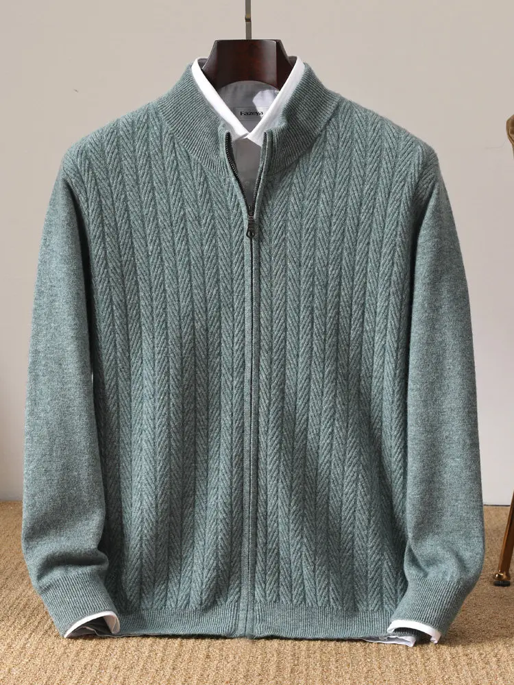 100% Australian wool zip-up cardigan stand-up collar thickened solid color jacquard sweater business cashmere knitted jacket