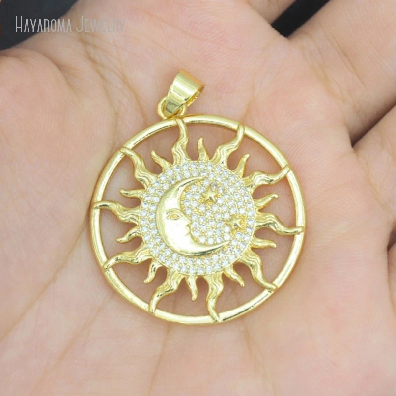 

2Pcs Copper Sun Star Shape Crescent Moon Boho Witch Jewelry Wholesale Metal Cubic Zirconia Pendant PM51815