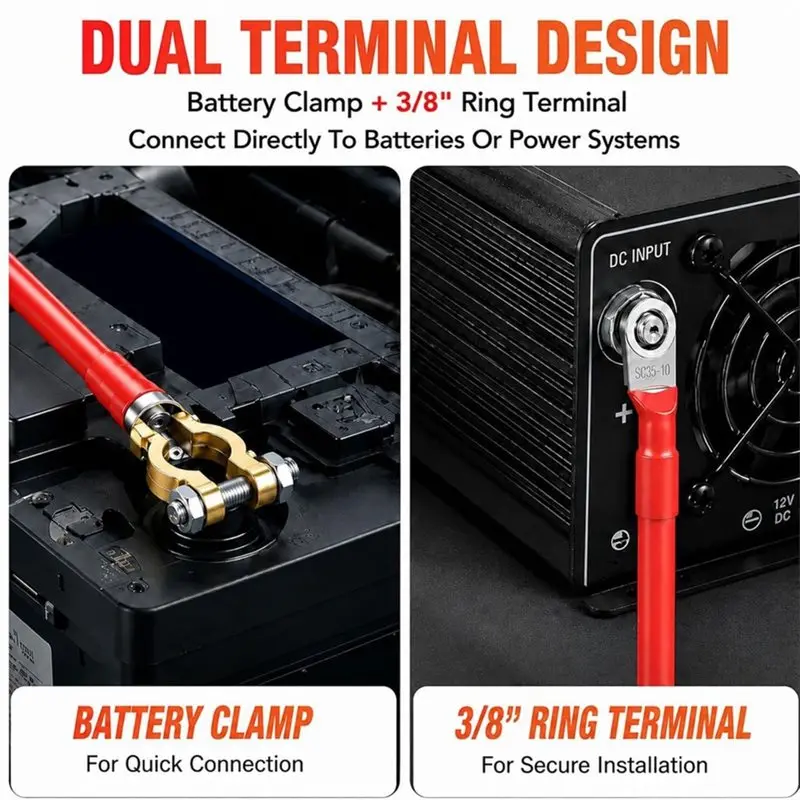 AB42-Heavy Duty 2 Gauge Pure Copper Inverter Wire 2 AWG Battery Cables 16 Inch, With 3/8