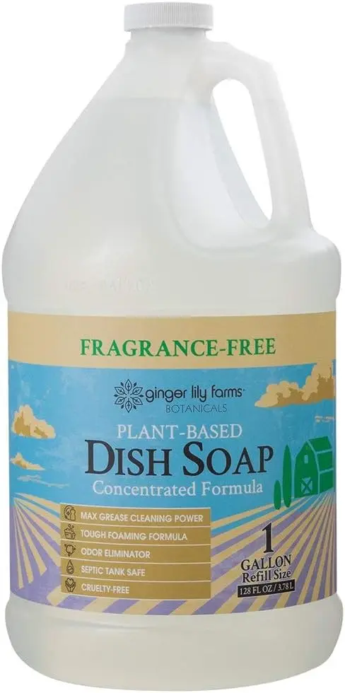 

Plant-Based Liquid Dish Soap, Concentrated Formula with Max Grease Cleaning Power, Cruelty-Free, Fragrance-Free, 1 Gallon Refill