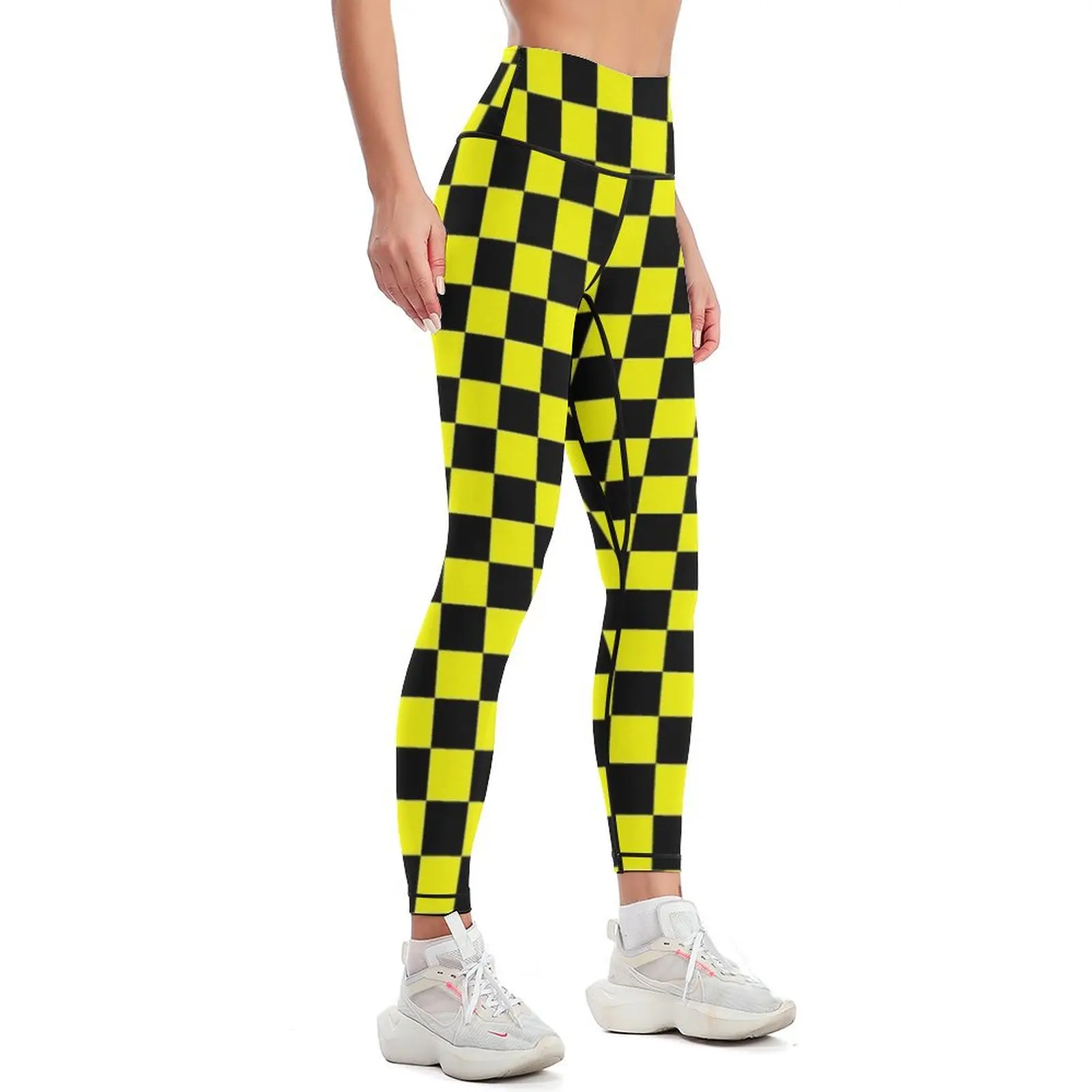 Bright Fluorescent Yellow Neon and Black Checked Checkerboard Leggings exercise clothing for Women's trousers Womens Leggings