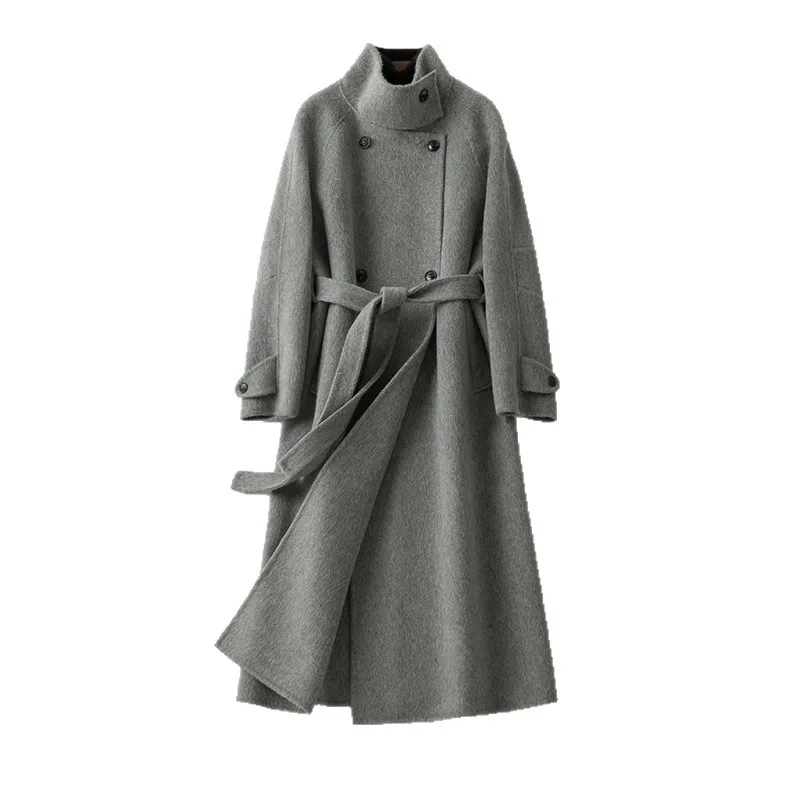 2026 Fashion Double-sided Wool Coat Women's Long Cashmere Overcoat Autumn Winter Stand-up Collar Sashes Female Woolen Outerwear