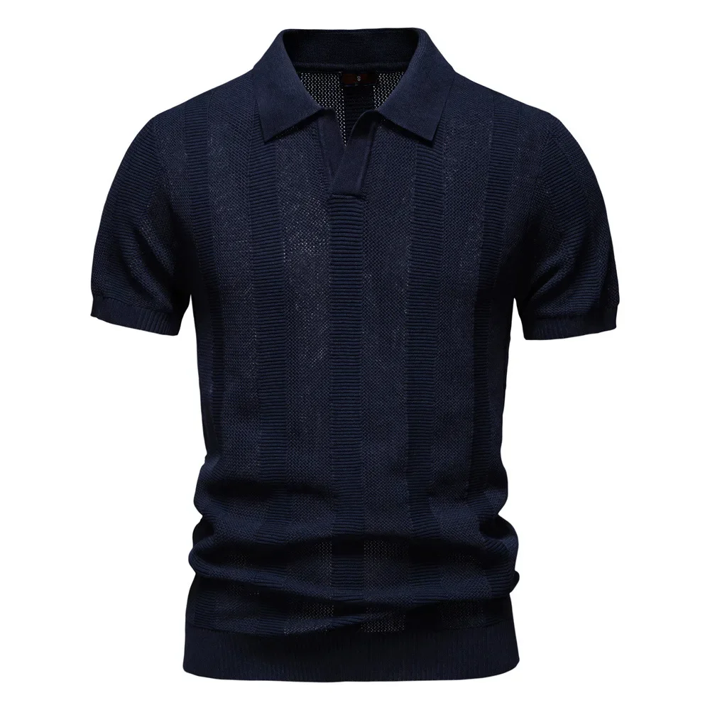 2026 Summer New Fashion Men's Striped Polo Shirts Turn-down Collar Short Sleeve Solid Color Casual Trendy Hollowed Out T-shirts