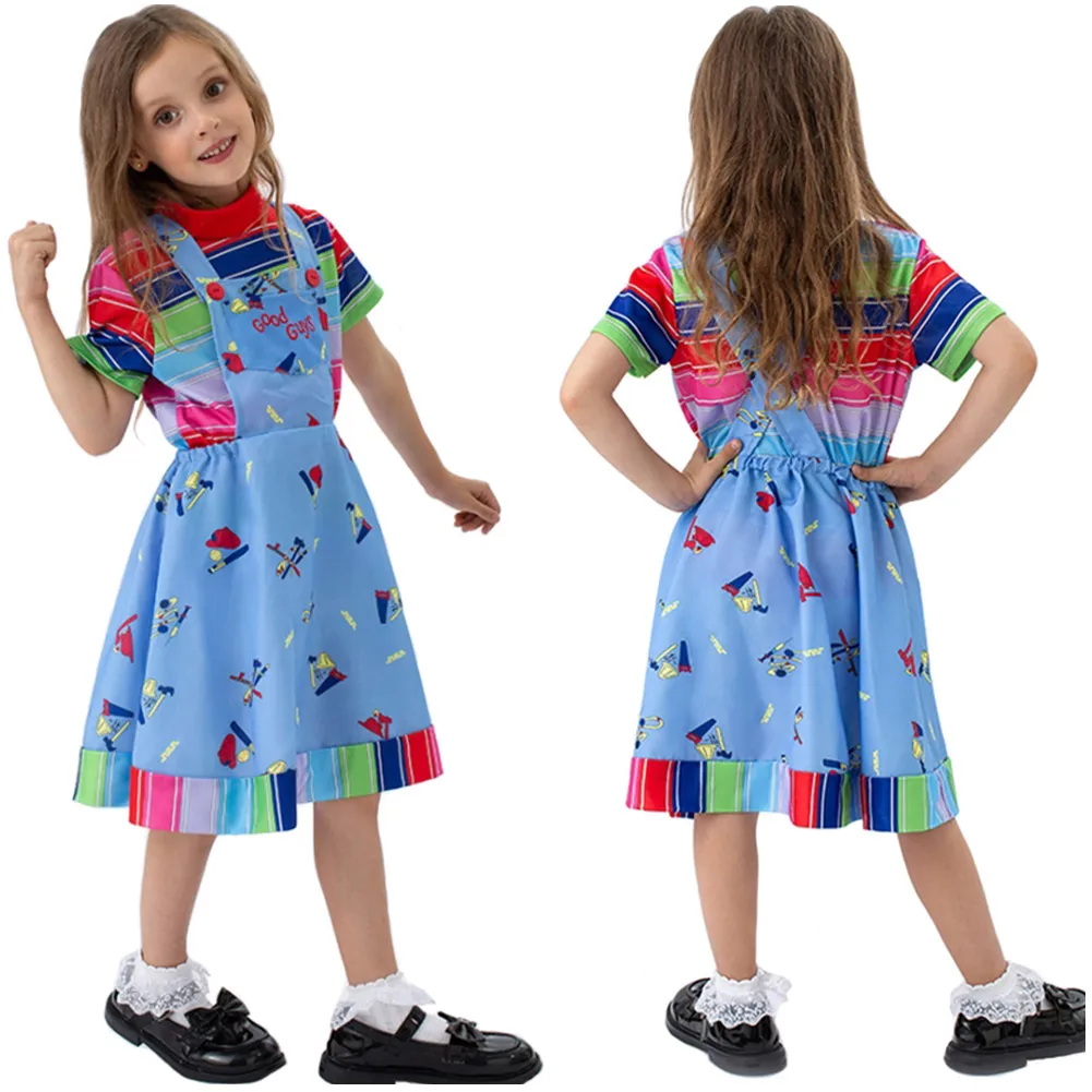 

Kids Chucky Cosplay Costume Children Girls Summer Dress T-shirt Roleplay Outfits Halloween Carnival Party Disguise Suit