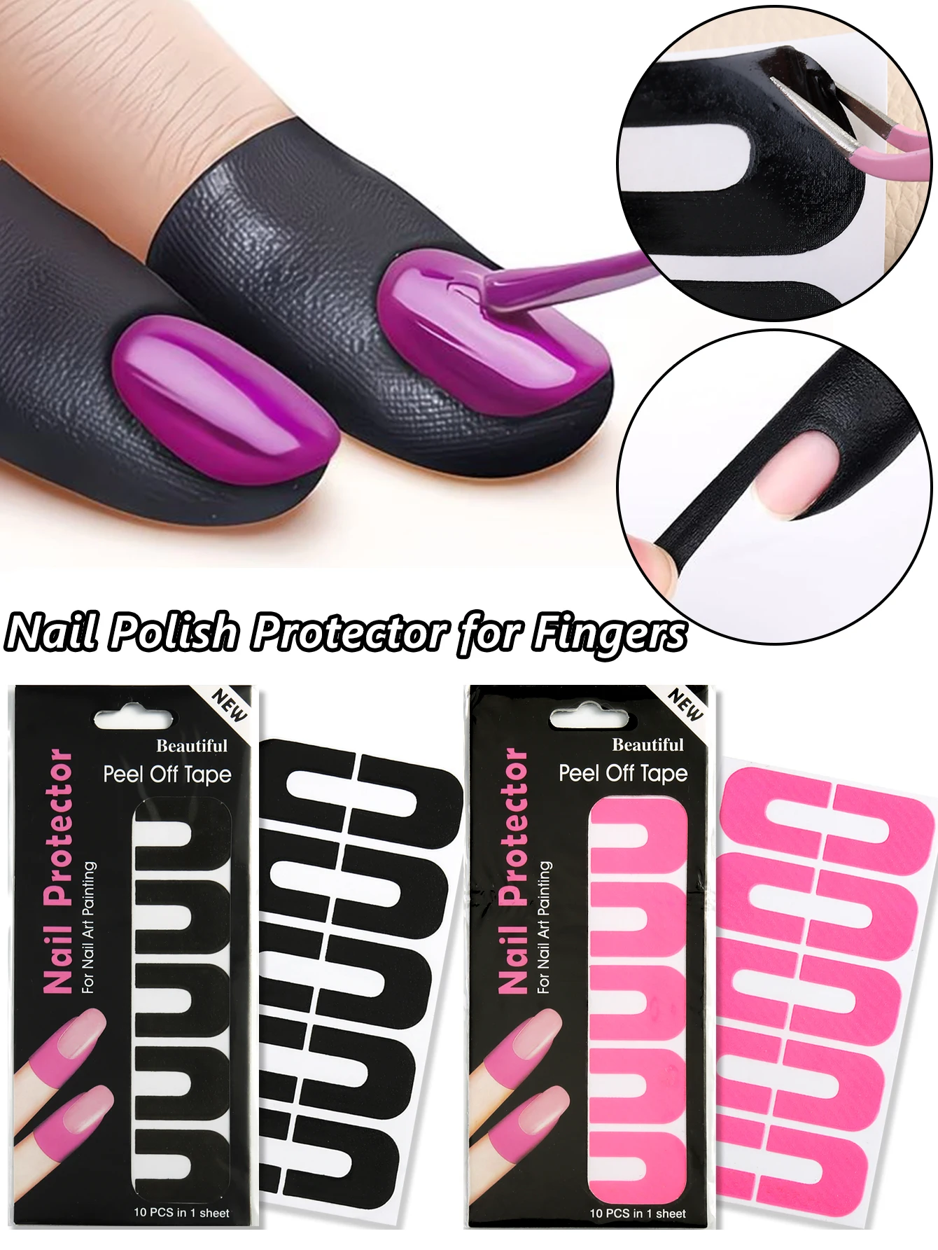 Black & Pink Disposable Nail Edge Protection Tape Set, U-Shaped Anti-Overflow Nail Stickers