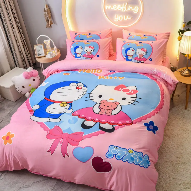 Kawaii Hello Kitty Milk Velvet Four-Piece Winter Coral Velvet Thickened Cartoon Children's Quilt Cover Princess Style Bed Sheet