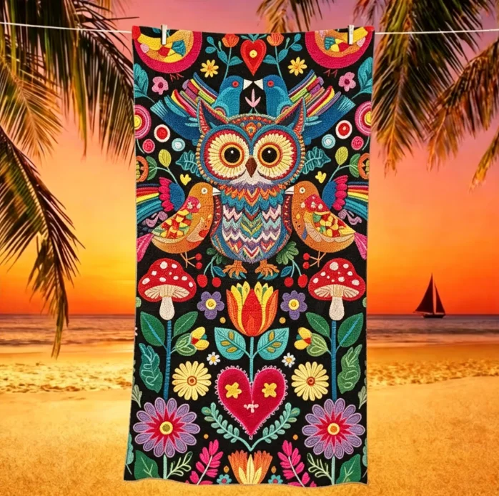 150/178cm Large Microfiber Beach Towel Mexican Folk Art Floral Bird Print Sand Free Quick Dry Colorful Summer Beach Use Blanket