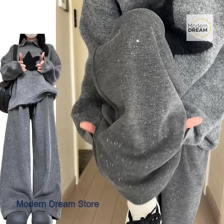 

Korean style grey rhinestone glutinous rice pants women's spring and autumn new shiny design sense small casual wide-leg pants.