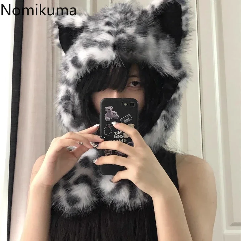 Autumn Winter Hat Women Handsome Snow Leopard Ear Warm Thick with Velvet Outdoor Ear Protection Hat Fluffy Wool Warm Yak Ear Hat