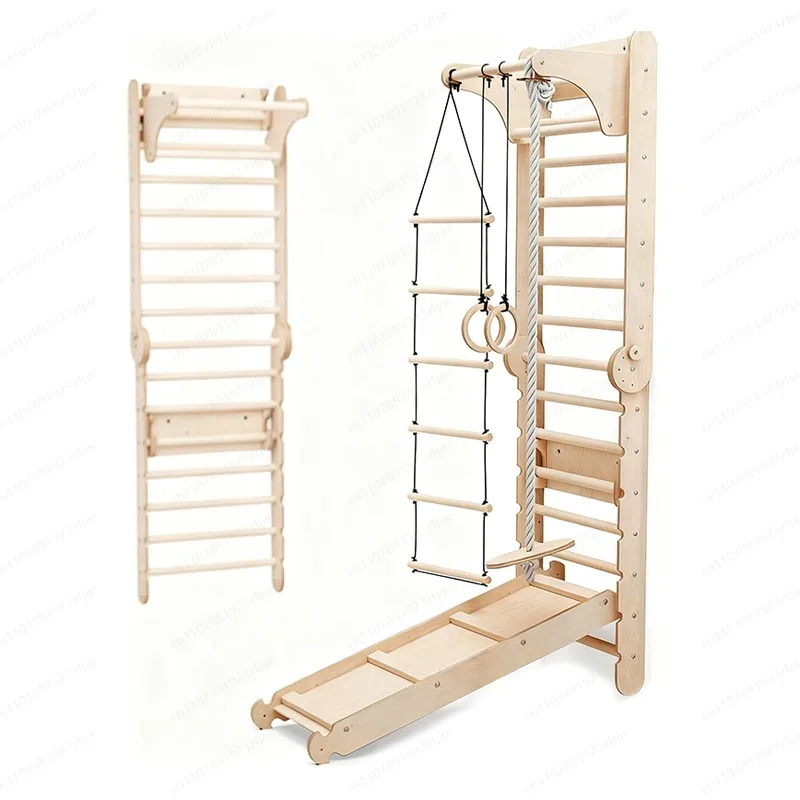 Muro de Escalada de Madera para Interiores, Gimnasio para Niños Pequeños con Escalera y Poste de Mono