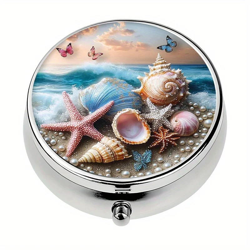 A pill box with 3 compartments, ocean shell themed mini pill box, portable travel or wallet pill box, decorative vitamin storage box for purse or wallet