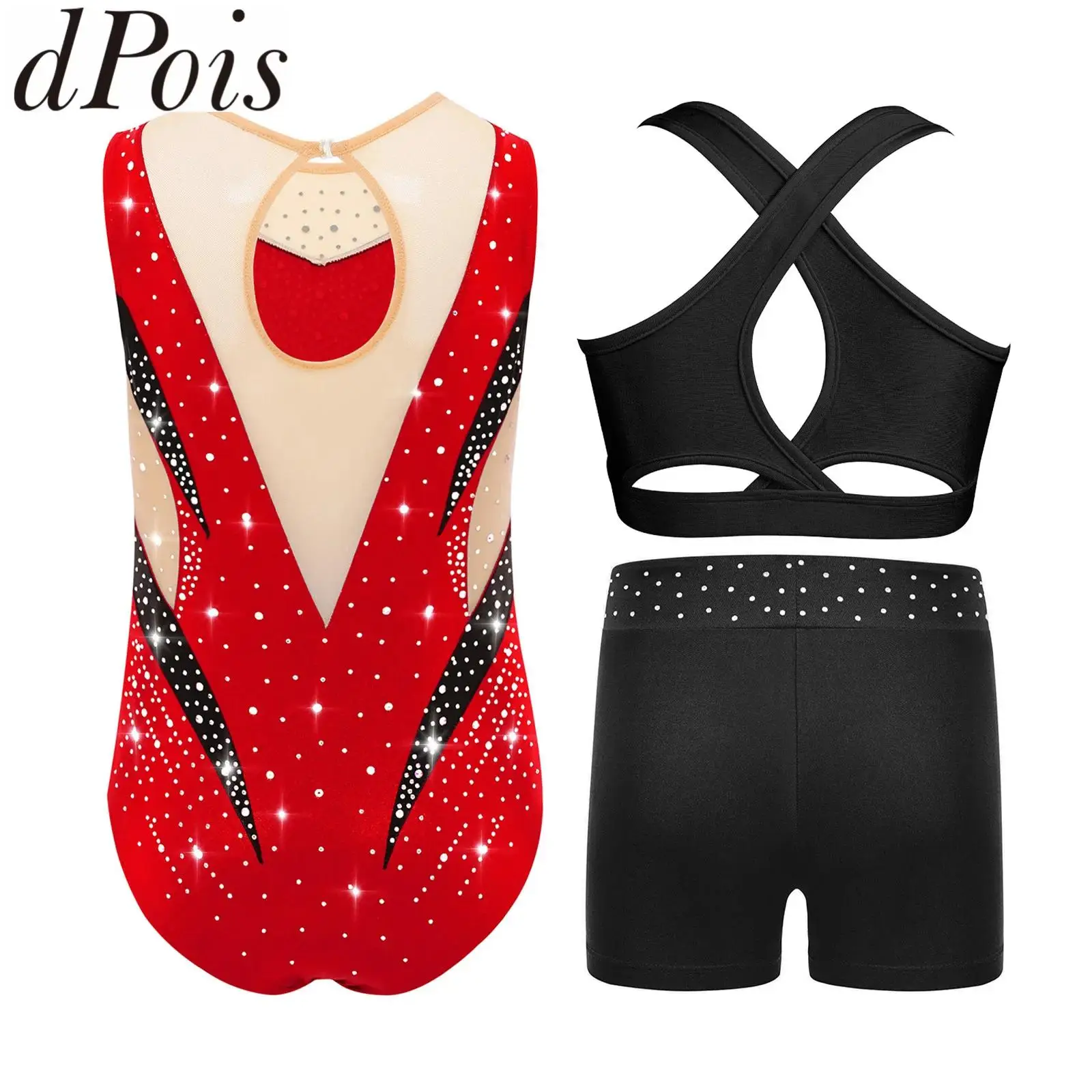 Kids Sleeveless Rhythmic Gymnastics Leotard + Shorts Yoga Dancewear Sets for Girls Ballet Tumbling Skating Jumpsuit Dance Outfit