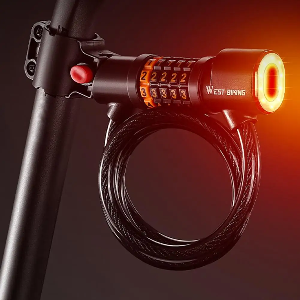 Rechargeable Bike Taillight Led Tail Light Bicycle Lock with Shear-resistant Cable Anti-theft 5 Digit Combination for Bike