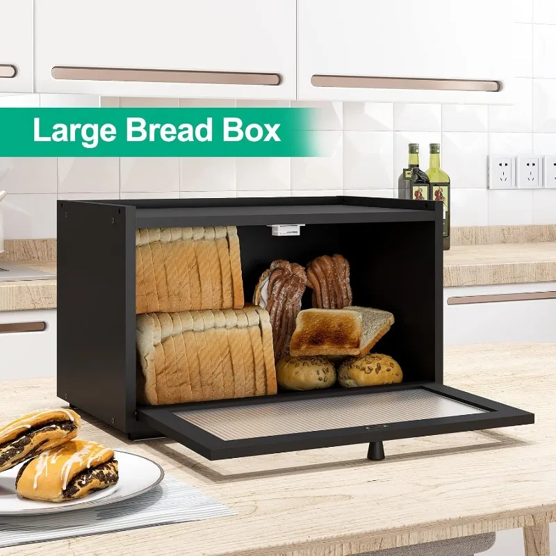 Large Bread Box for Kitchen Counter, Bamboo Bread Storage Container with Wavy Arcylic Transparent Door