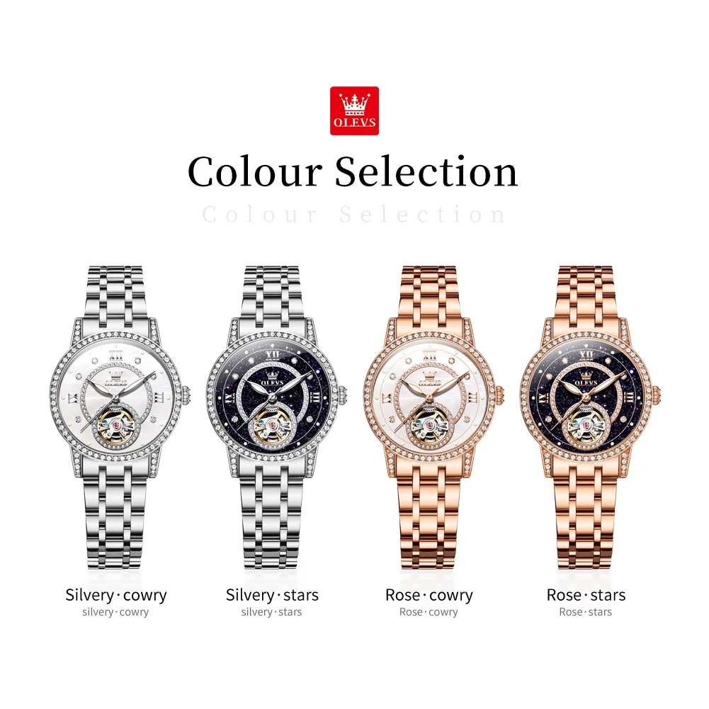 OLEVS 7036 Ladies Watch Luxury Hollowed-Out Automatic Mechanical Watch Starry Sky Dial Stainless Steel Watch For Women Bracelet