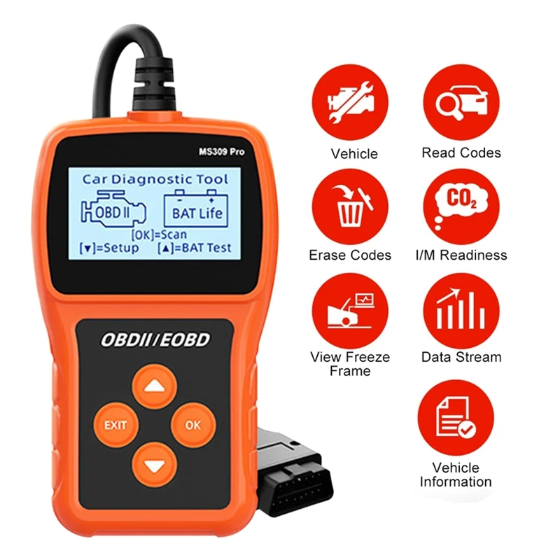 MS309PRO OBD2 Scanner Diagnostic Tool Battery Car Fault Code Reader Engine Tester Analyzer with 2.4 Inch LCD Display