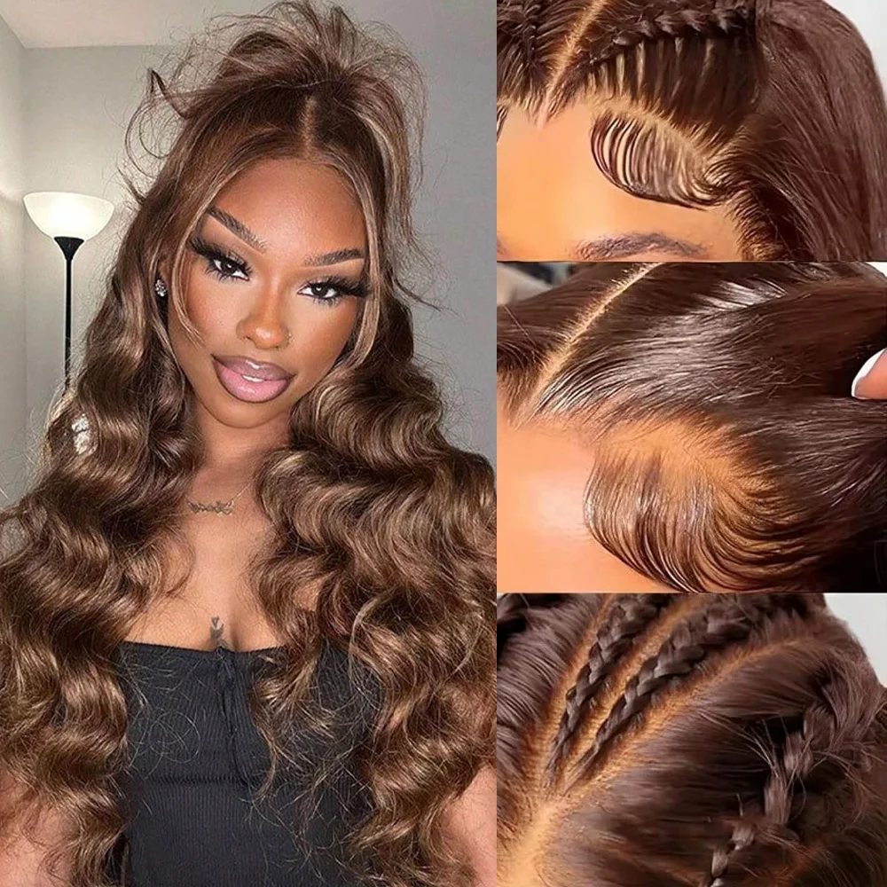 13x4 HD Lace Frontal Human Hair Wigs Pre Plucked with Baby Hair #4 Chocolate Brown Body Wave Human Hair Wigs For Women Natural Hairline