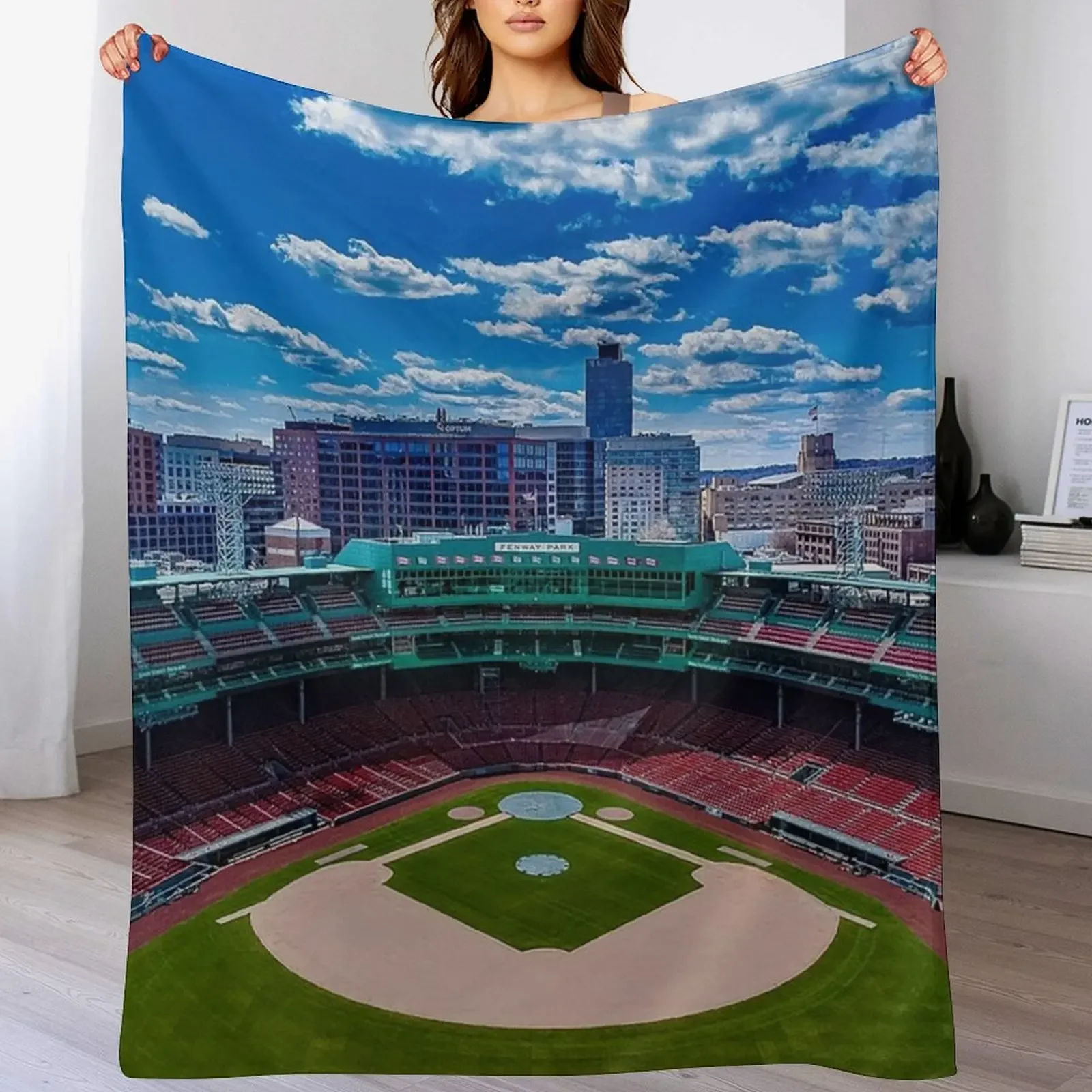 Fenway, Boston baseball stadium, ball field, outfield view, Boston Skyline, beantown Throw Blanket Furry Weighted Blankets