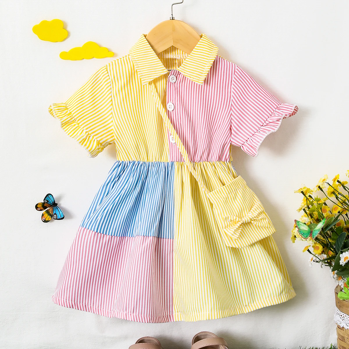 0-2 Year Old Newborn Dress Striped Color Matching Waist Up Dress Bag Baby 2Pcs Set