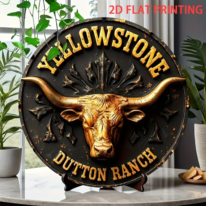 Yellowstone Dutton Ranch Longhorn Bull Round Metal Sign, 2D Flat Printed Western Style Art Tin Plaque, Vintage Black and Gold Di