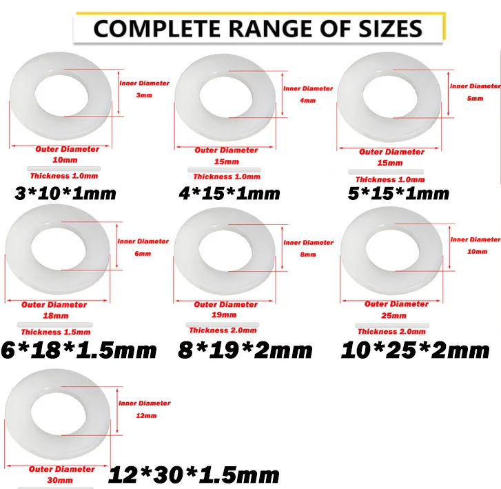 110Pcs/Box Boxed Plastic Nylon Flat Washer M3 M4 M5 M6 M8 M10 M12 Plain Spacer Insulation Gasket Ring Assortment Kit Set