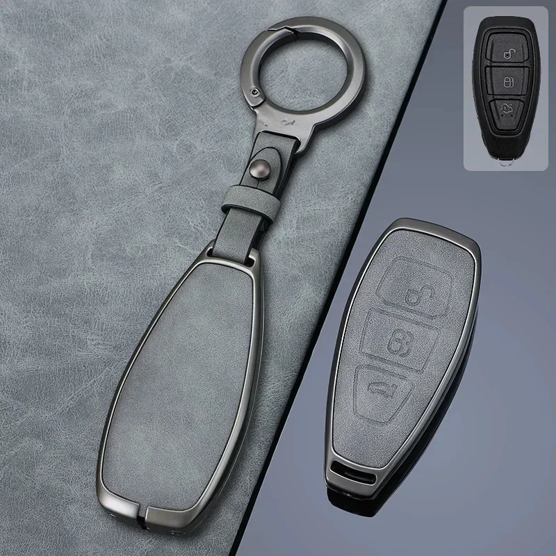 

Zinc Alloy + Leather Car Key Case Cover Fob for Ford Fiesta Focus 3 4 ST Mondeo MK3 MK4 Ecosport Kuga Fusion 2013 2014 2015 2017