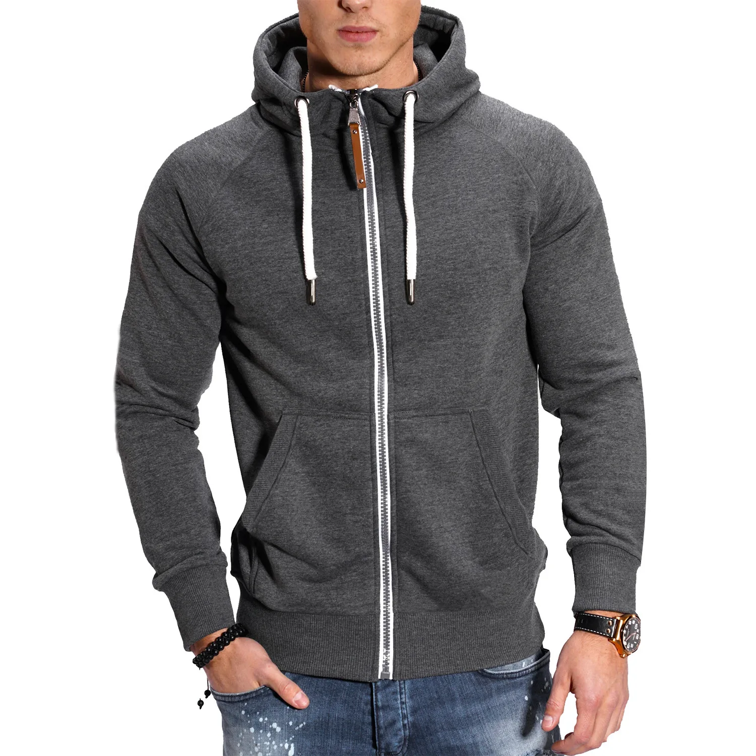 2024 Men's hooded sweatshirt with long sleeves, zippered closure, medium long pockets, hooded jacket for winter and autumn