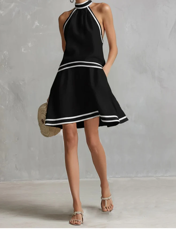 Contrast Blue Trim Halter Mini Dress Sleeveless Backless A-Line Pockets Women Summer Casual Vintage Elegant Dress