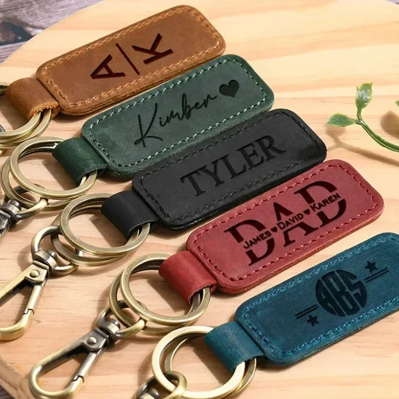 Vintage Personalize Company Hotel Name Number Key Chain Ring Laser Custom Logo Leather Keychain Engrave Keyring for Men Women